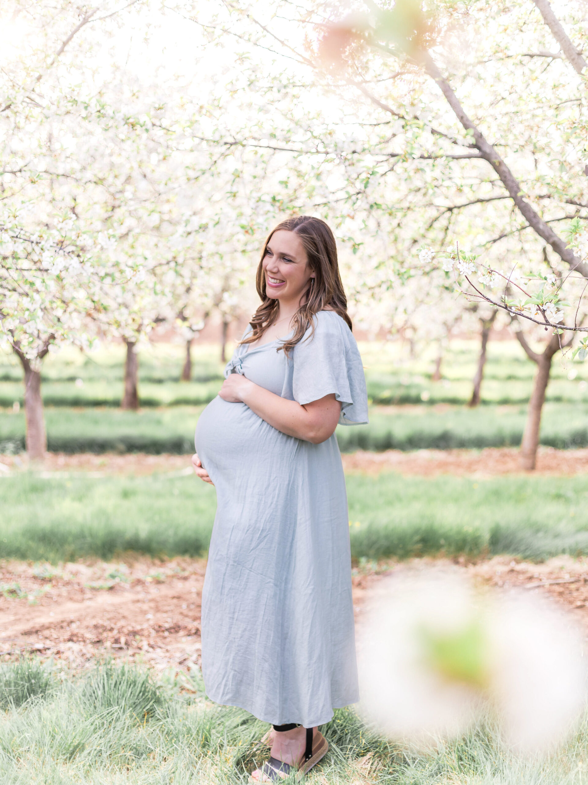 Glowing mom-to-be standing in a Utah orchard during a natural light maternity photo session in Utah County orchard.